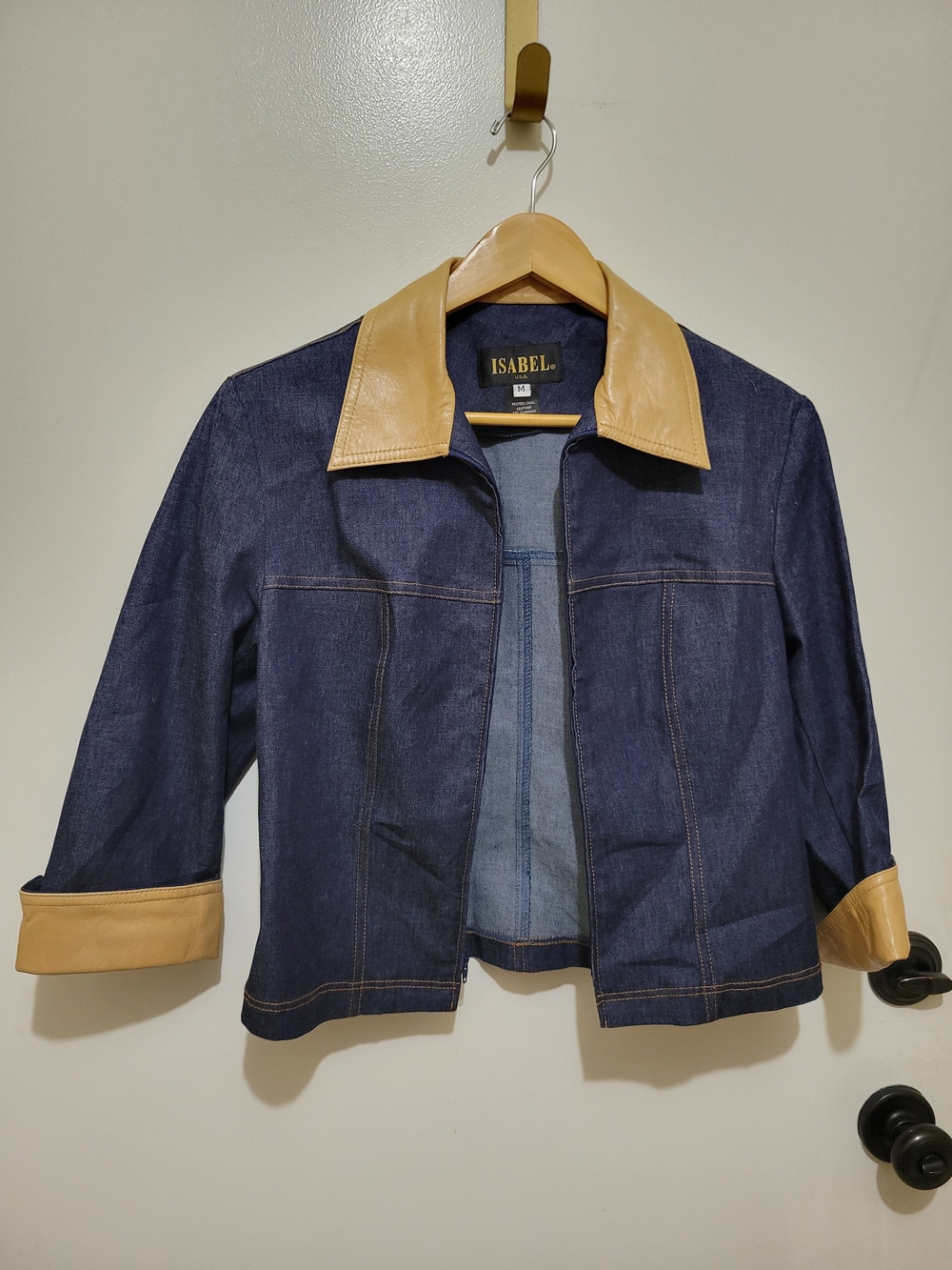 ISABEL Two-Tone Denim Jean Jacket with Tan Leather Trim